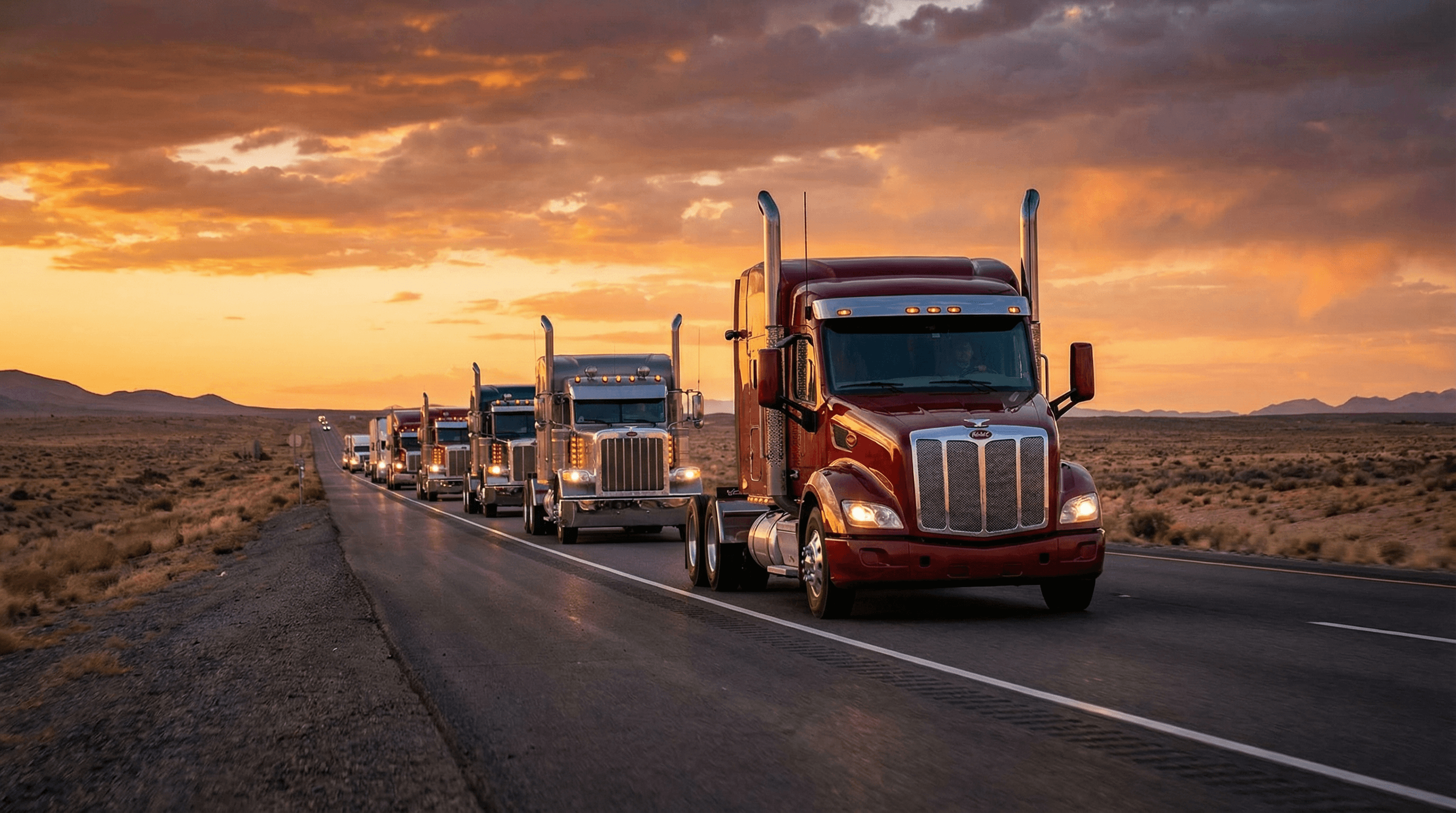 Dramatic truck convoy at sunset