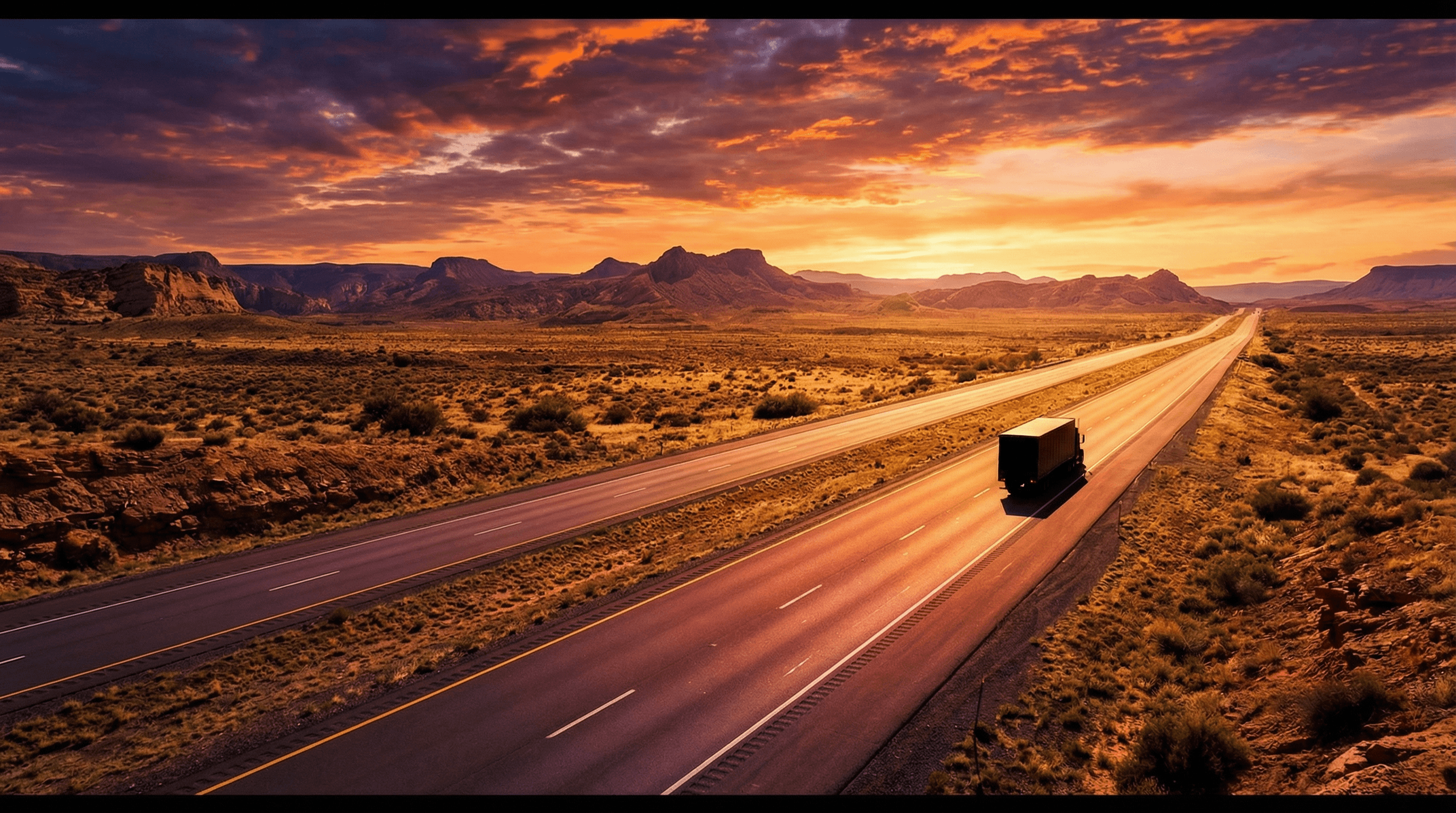 Truck on epic desert highway at sunset